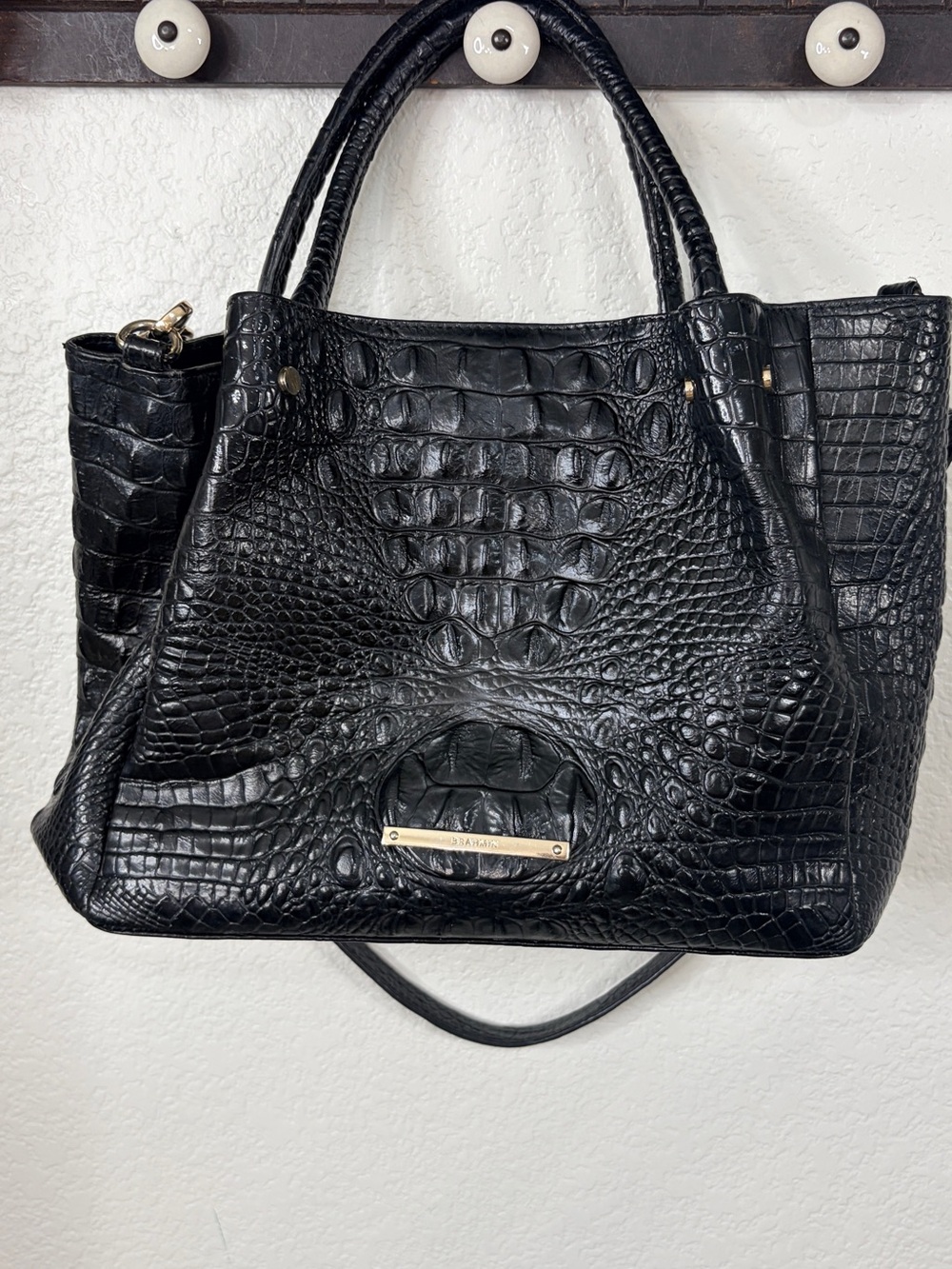 BRAHMIN Small Mallory Black Melbourne Croc-Embossed Leather Tote Bag Purse
